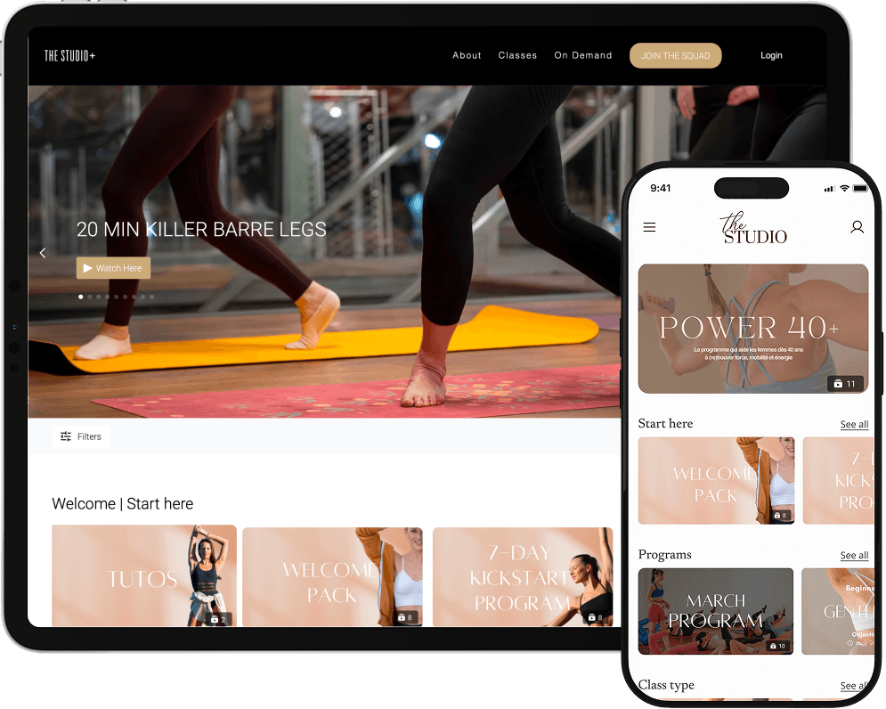 Une tablette et un téléphone affichant le site de Julie avec ses programmes d’entraînement