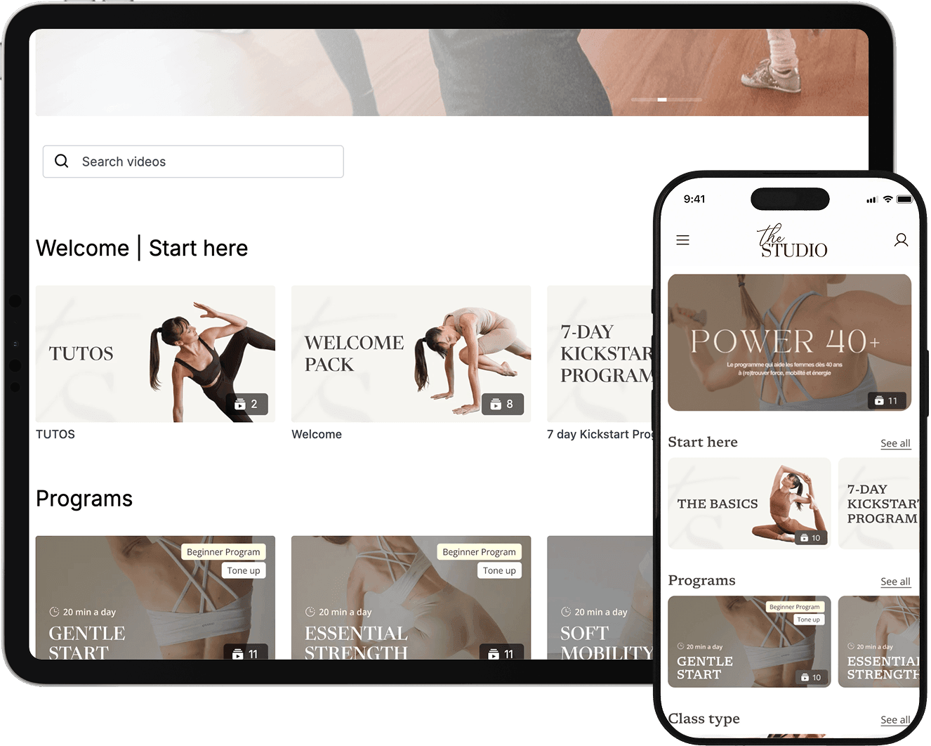 A tablet and a smartphone displaying Julie’s website and her workout programs